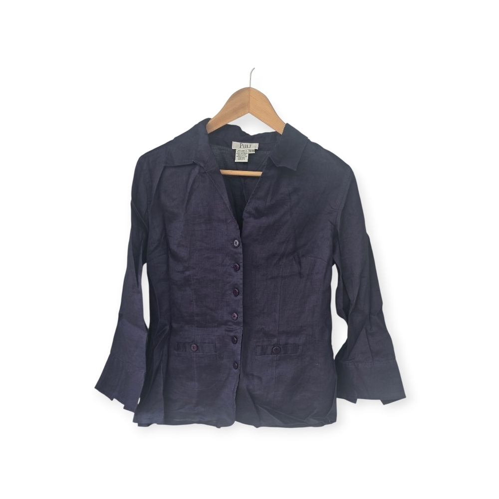 Puli 100% Linen Shirt Sz 10 Women Blue 3/4 Bell Sleeve Button up  Lagenlook